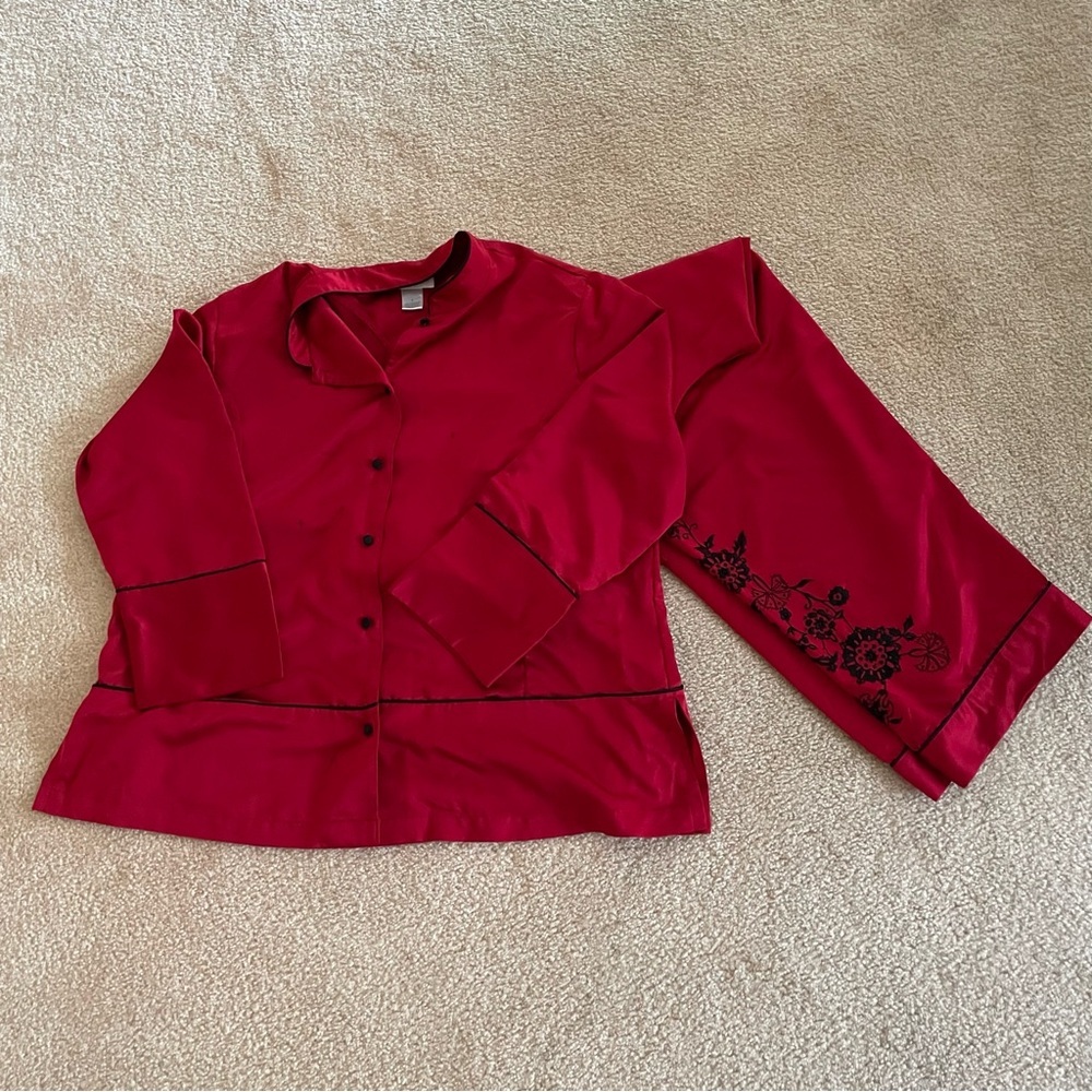 Cabernet Red & Black Embroidered Satin Pajama Set Large Asian-Inspired Styling
